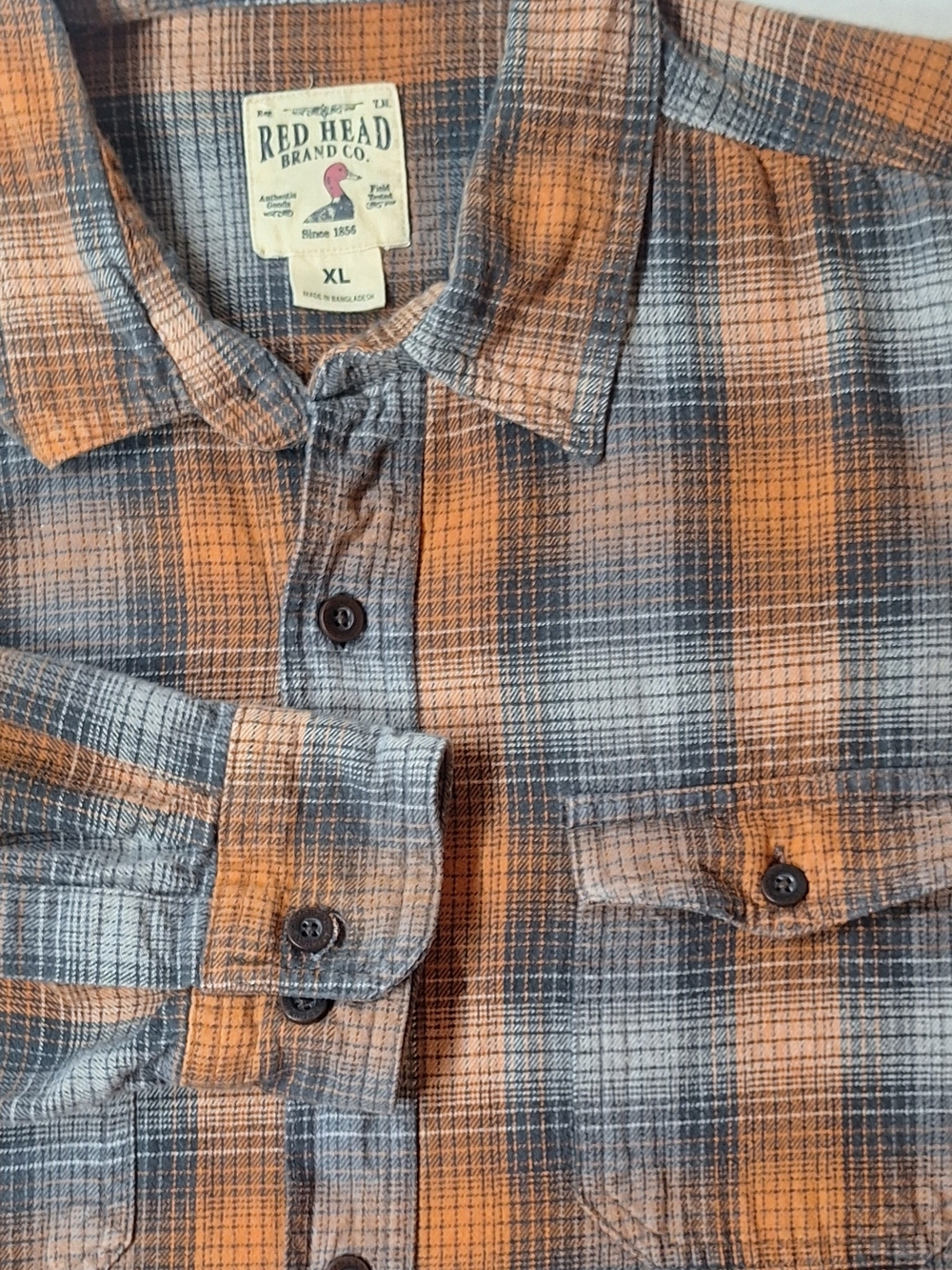 RedHead Men’s XL Plaid Flannel Button Down Long Sleeve Orange Gray 100% Cotton